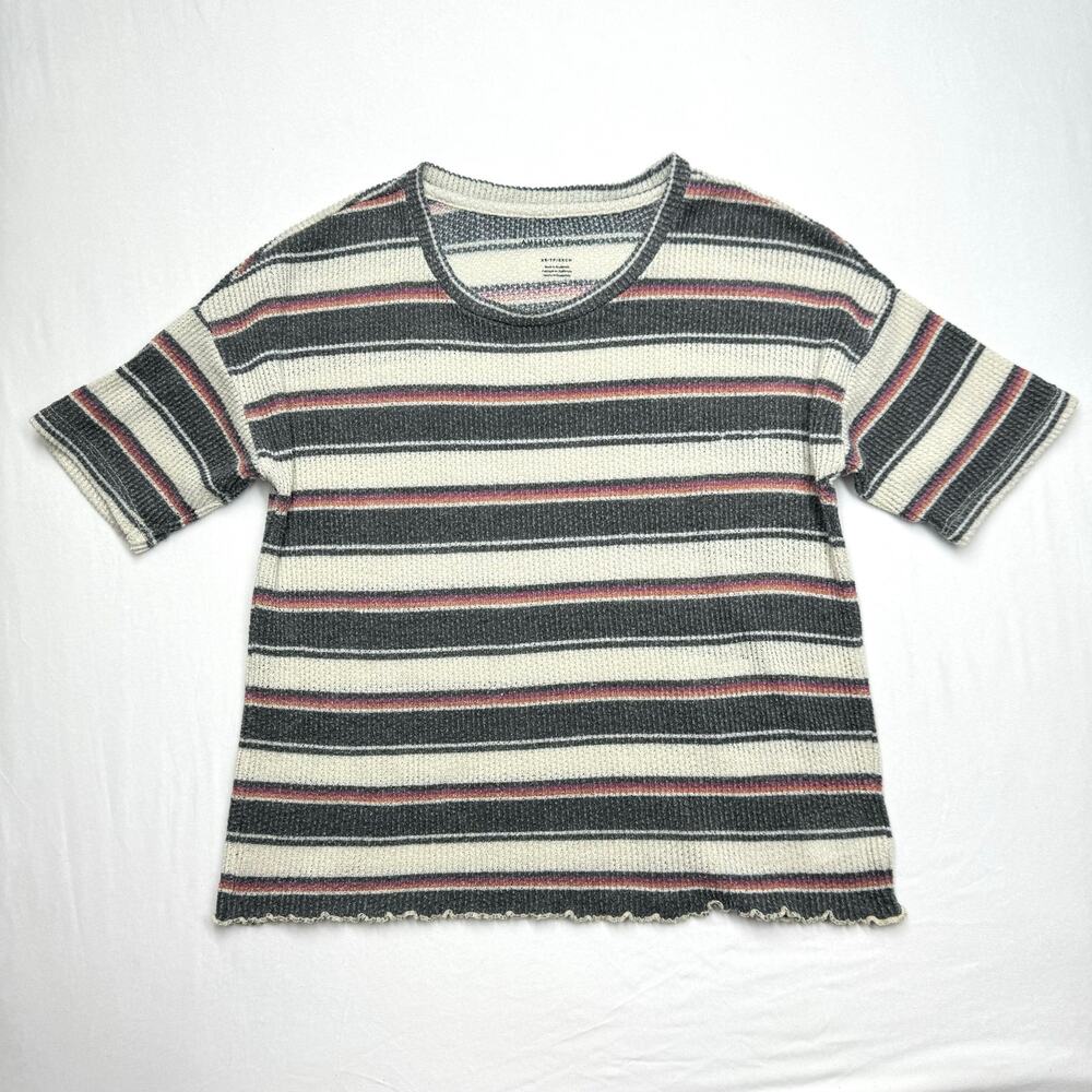 American Eagle Striped Waffle Knit Baby Tee XS Lettuce Hem Short Sleeve Top